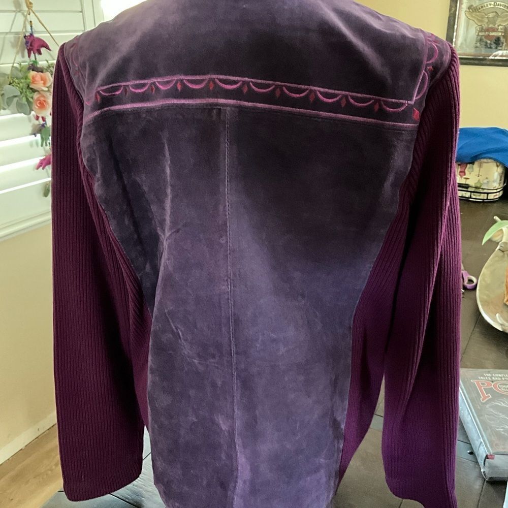 Bob Mackie Wearable Art Purple Embroidered Suede sweater jacket Large - Picture 5 of 7